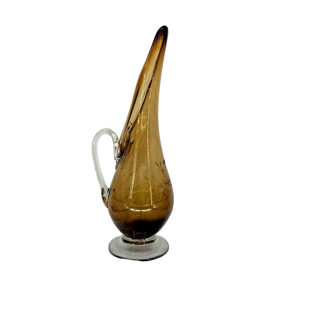 VTG MCM Mid Century Amber Glass Ewer 14" Tall Hand Blown Pitcher Rough Pontil